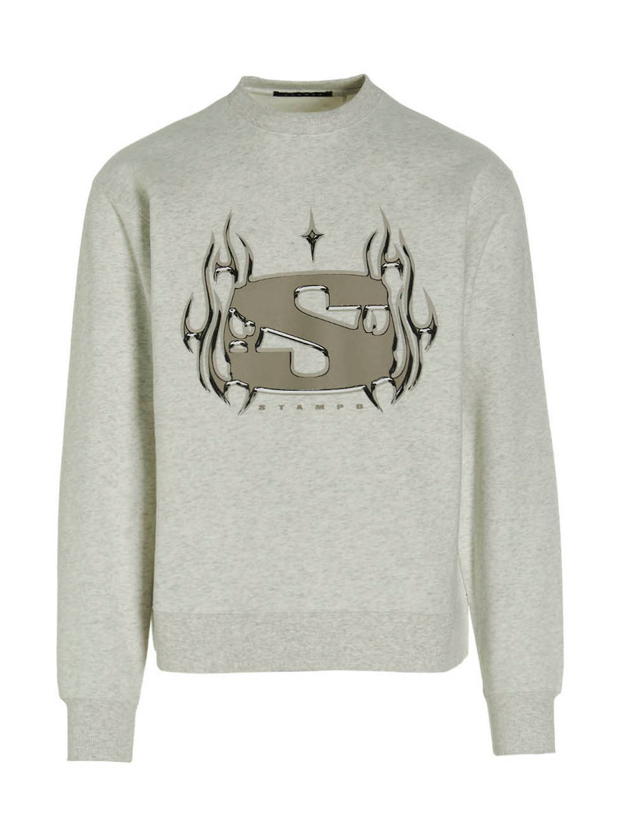 Stampd Chrome Flame Sweatshirt Gray Premium Cotton Blend Top for Men Bold Front Print Everyday Streetwear