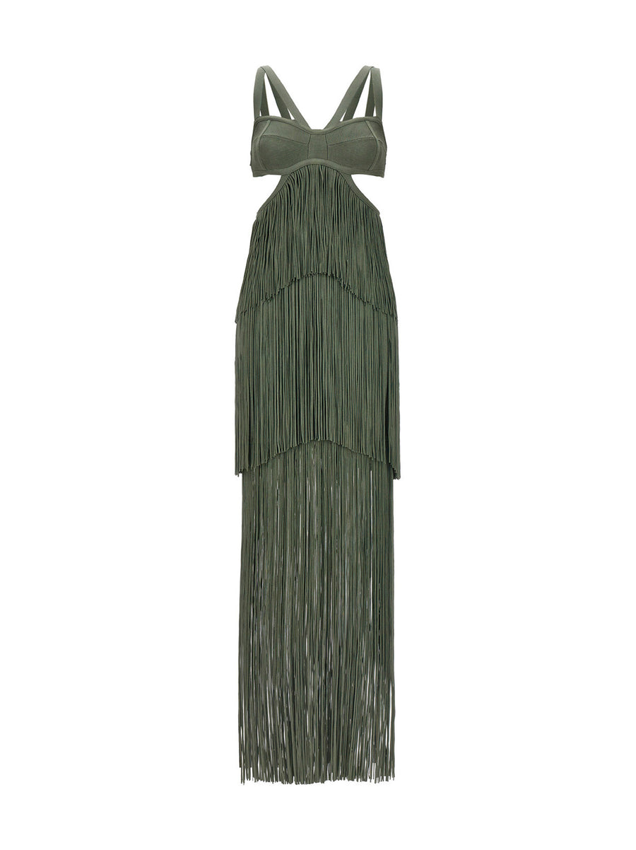 Herve Leger Strappy Tiered Fringe Dress Green Knit Evening Wear For Women Luxurious Statement Piece