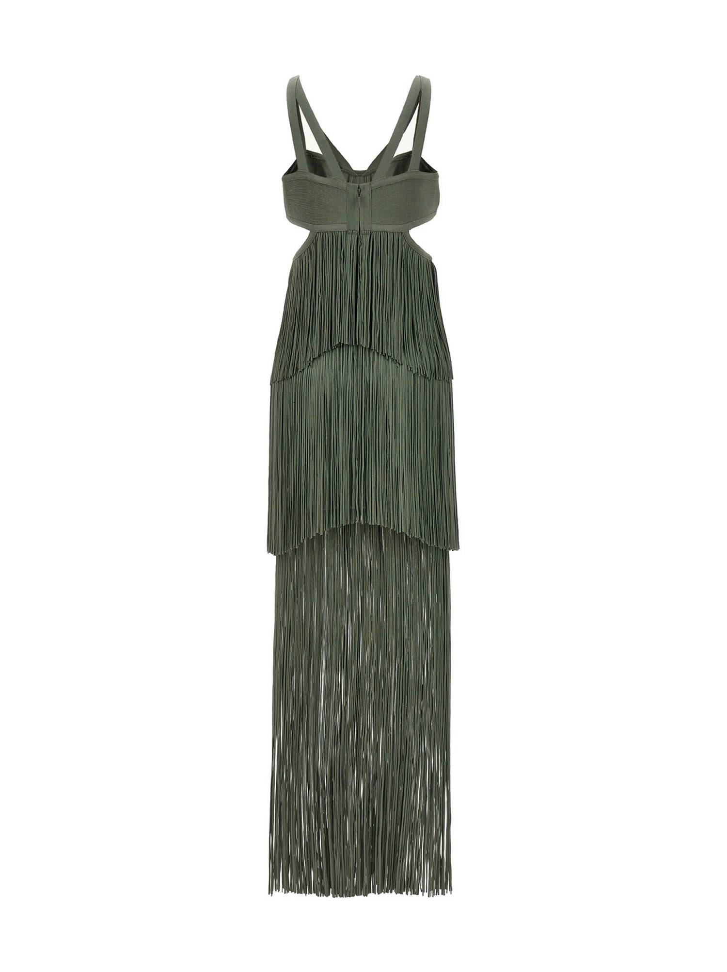 Herve Leger Strappy Tiered Fringe Dress