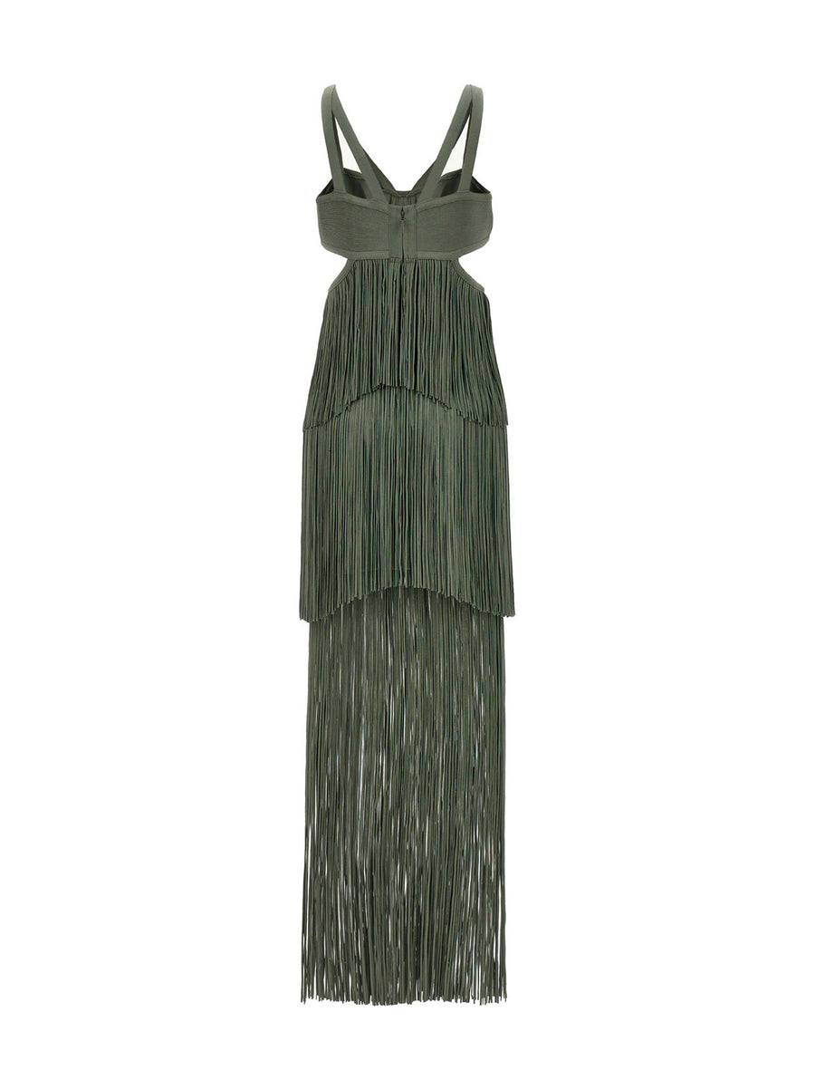 Herve Leger Strappy Tiered Fringe Dress Green Knit Evening Wear For Women Luxurious Statement Piece
