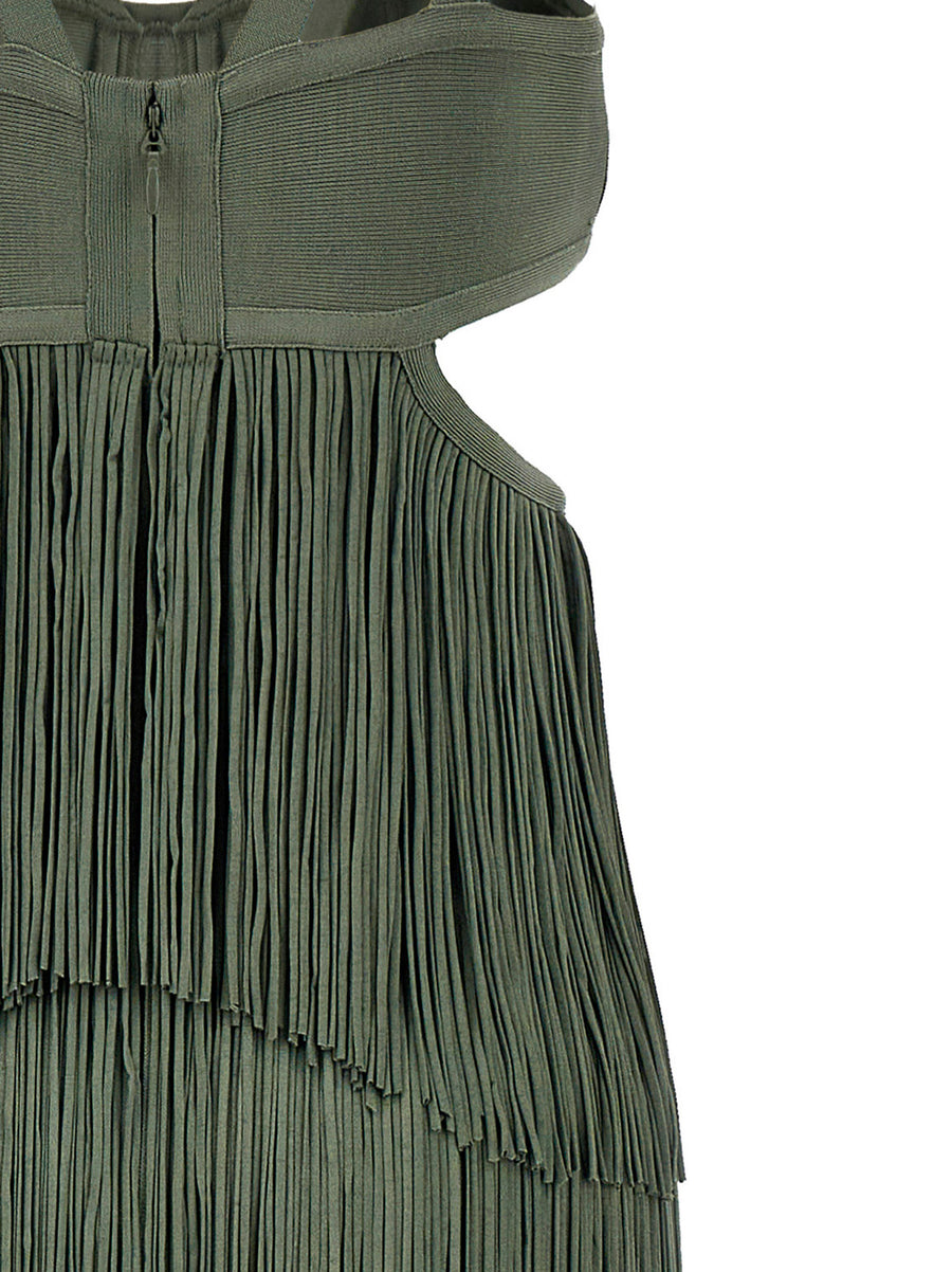 Herve Leger Strappy Tiered Fringe Dress Green Knit Evening Wear For Women Luxurious Statement Piece