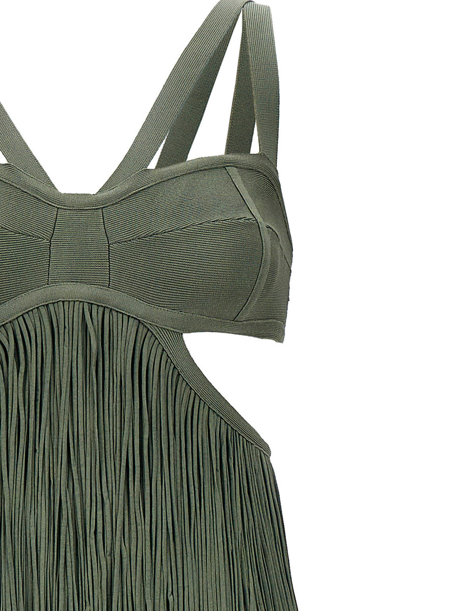 Herve Leger Strappy Tiered Fringe Dress Green Knit Evening Wear For Women Luxurious Statement Piece