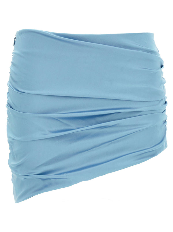 Alessandra Rich Light Blue Satin Draped Mini Skirt With Asymmetric Hem