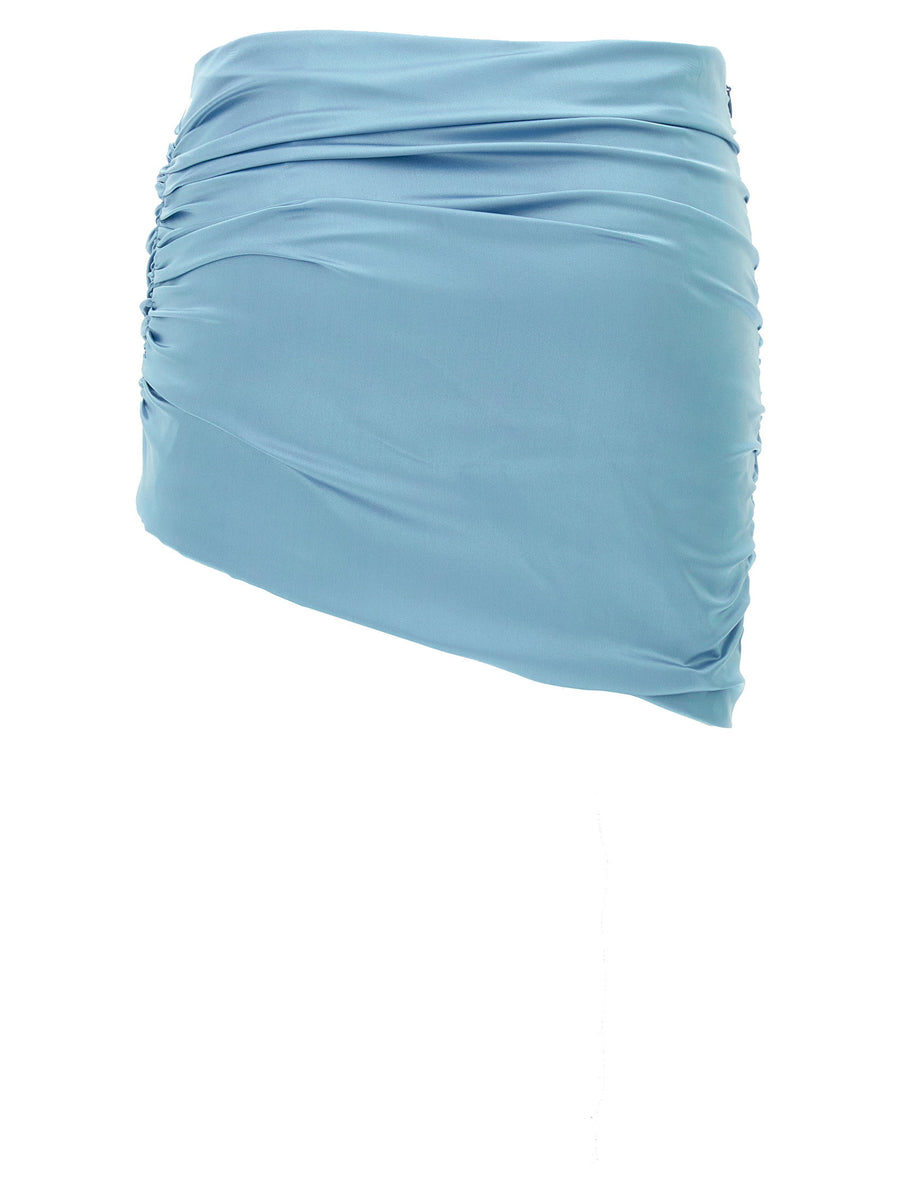 Alessandra Rich Light Blue Satin Draped Mini Skirt With Asymmetric Hem