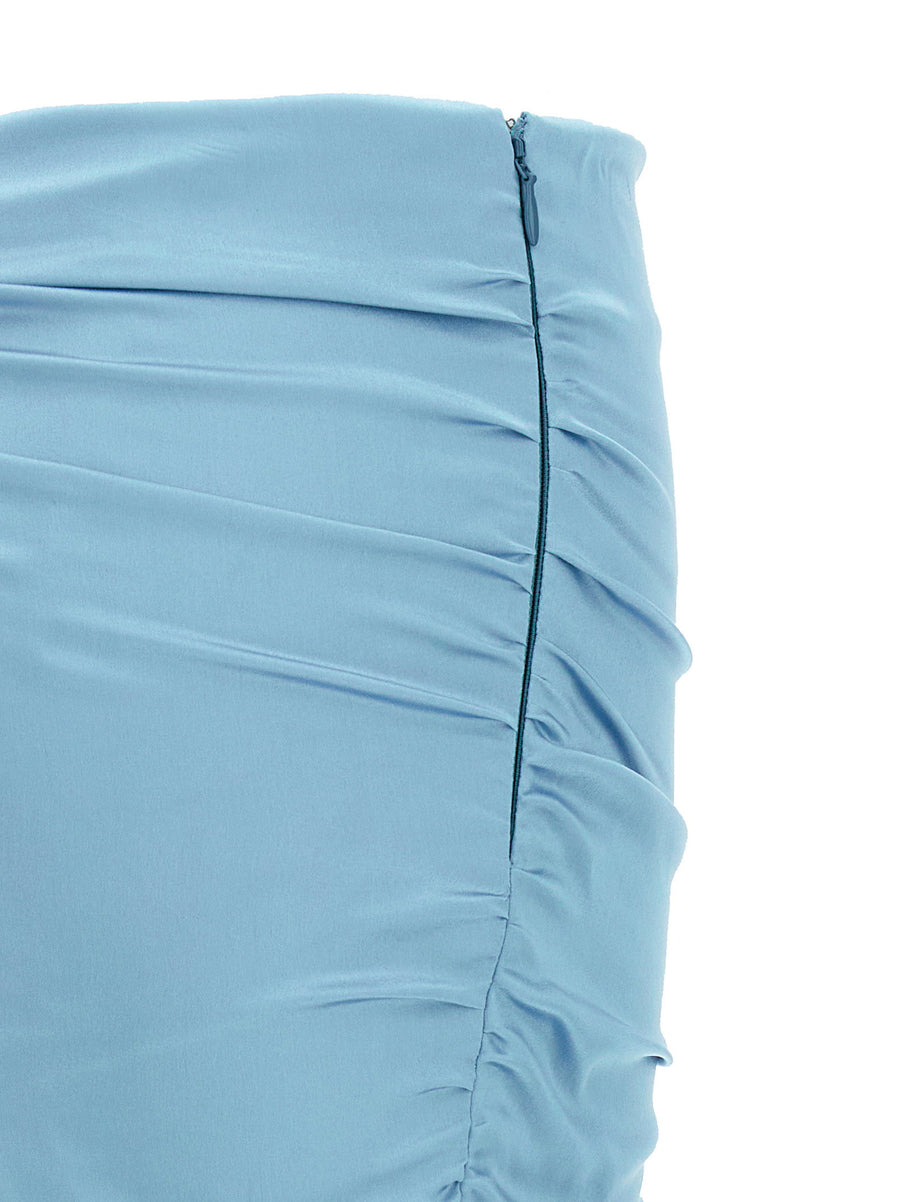 Alessandra Rich Light Blue Satin Draped Mini Skirt With Asymmetric Hem