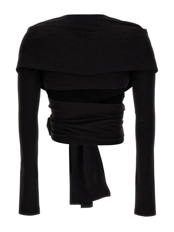 Dolce and Gabbana Kim Top Black Cropped Stretch Knit Long Sleeve With Crossed Bands For Women