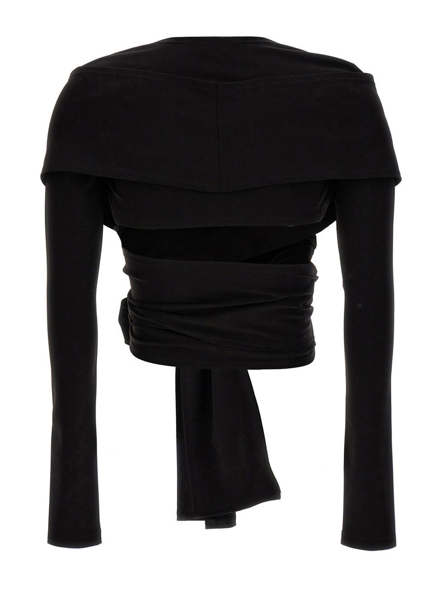 Dolce and Gabbana Kim Top Black Cropped Stretch Knit Long Sleeve With Crossed Bands For Women