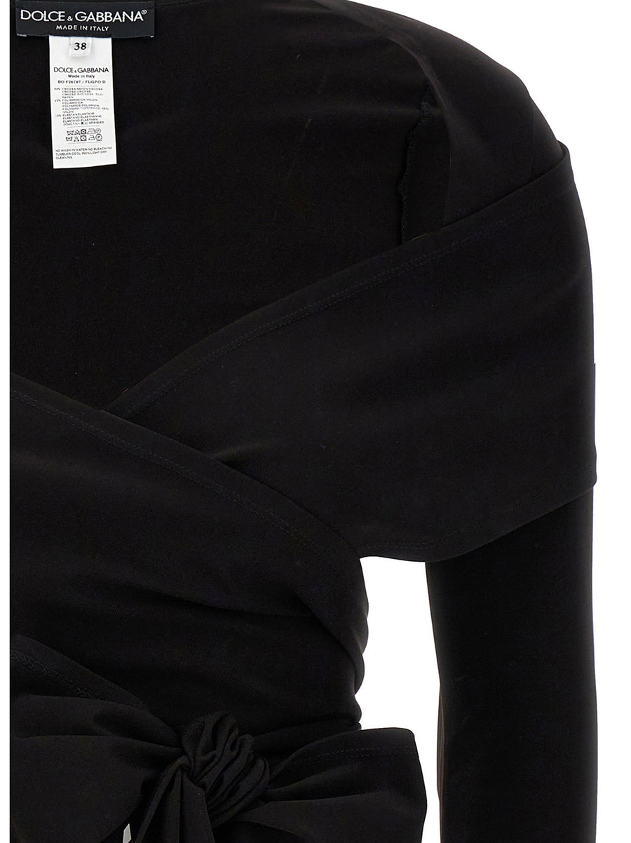 Dolce and Gabbana Kim Top Black Cropped Stretch Knit Long Sleeve With Crossed Bands For Women