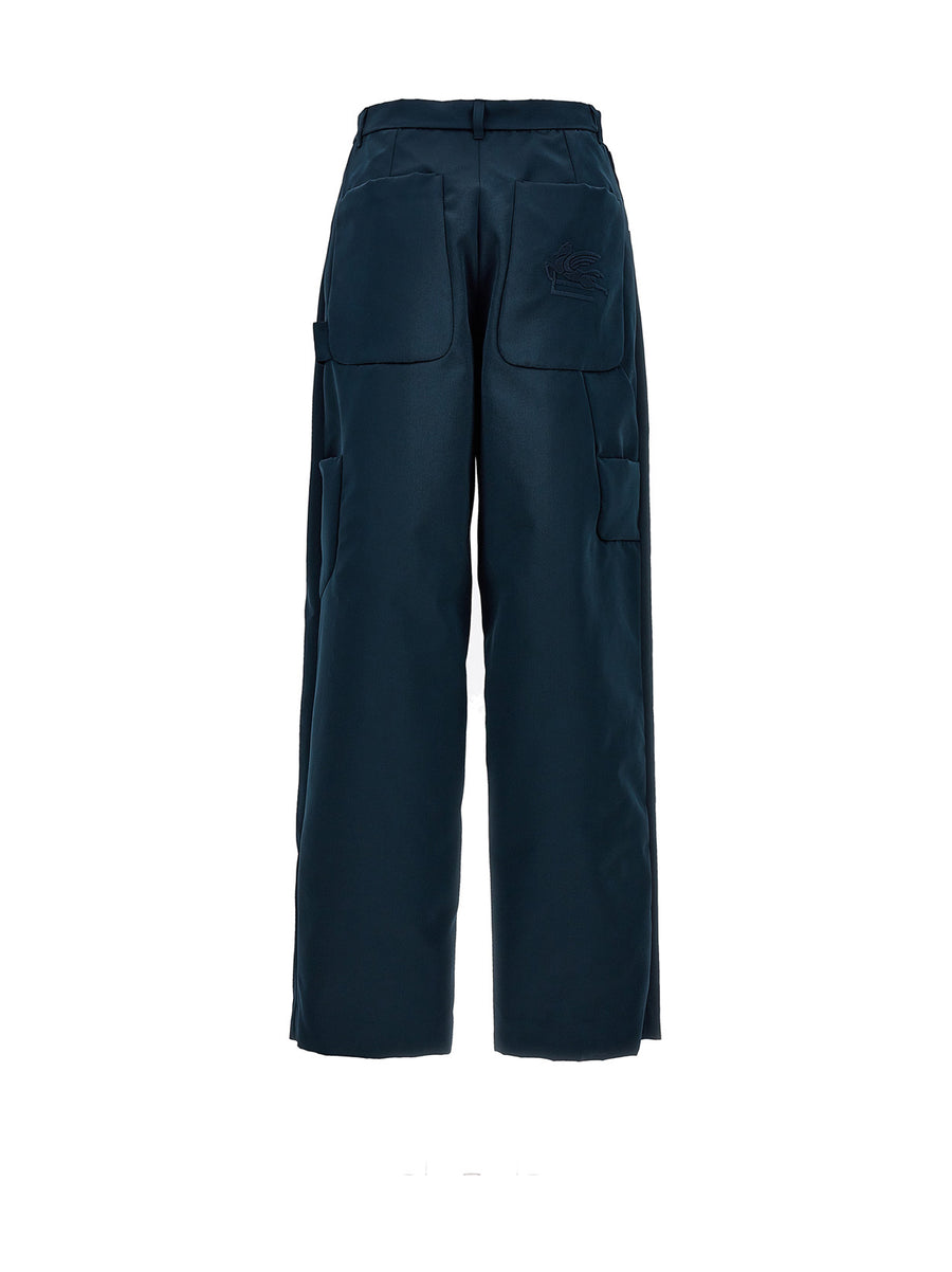Etro Pegaso Cargo Trousers Luxury Blue Duchesse Fabric With Tone-On-Tone Pegaso Embroidery For Women