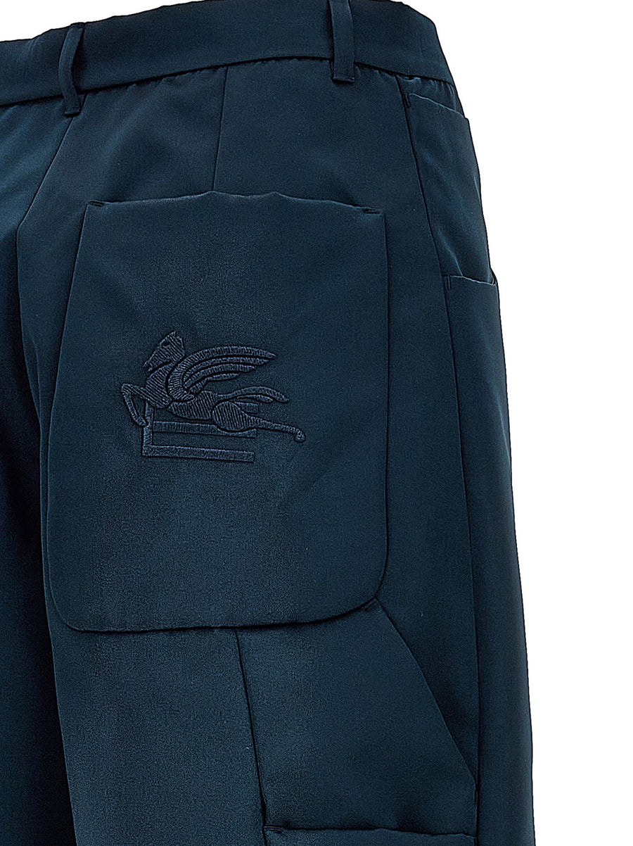 Etro Pegaso Cargo Trousers Luxury Blue Duchesse Fabric With Tone-On-Tone Pegaso Embroidery For Women