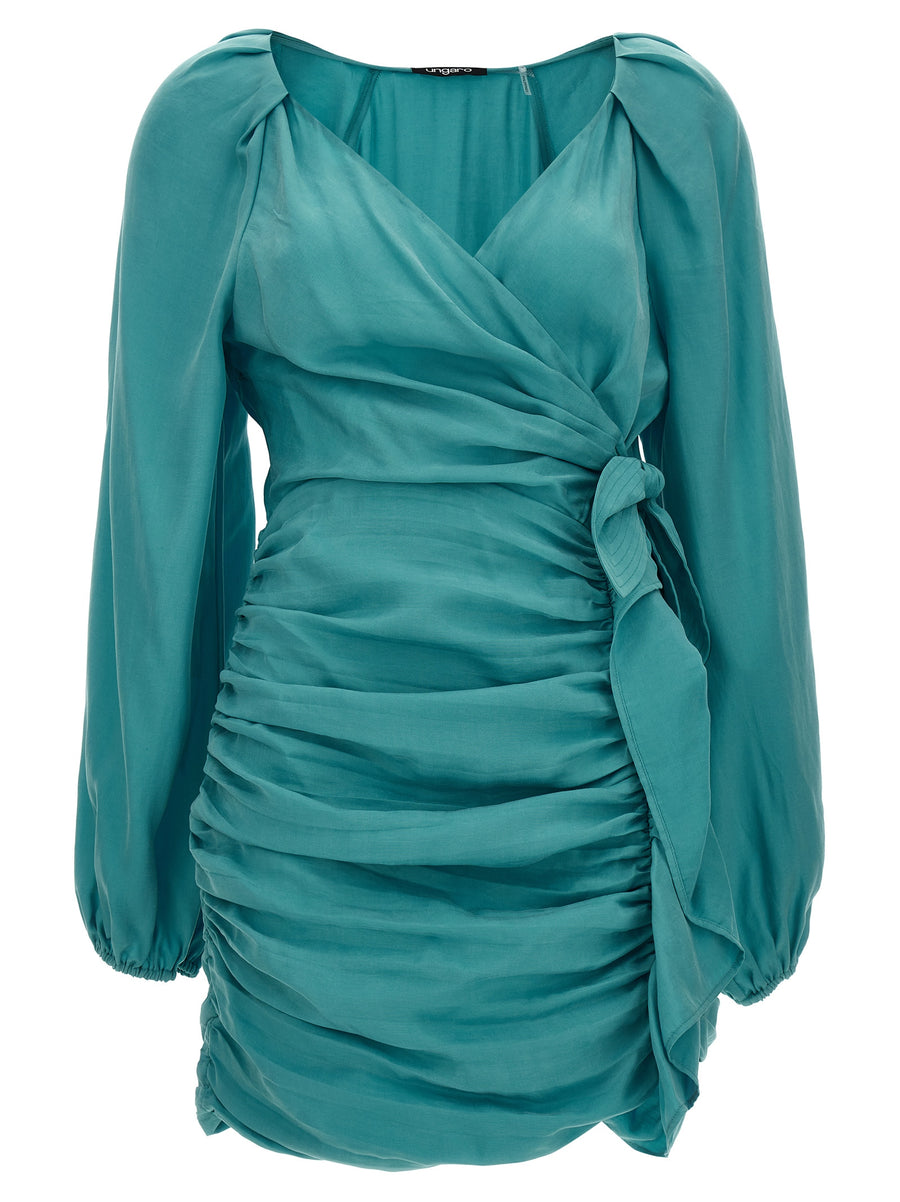 Ungaro Dominique Dress For Women Breathable Light Blue Lyocell Tencel Draped V Neck Side Knot