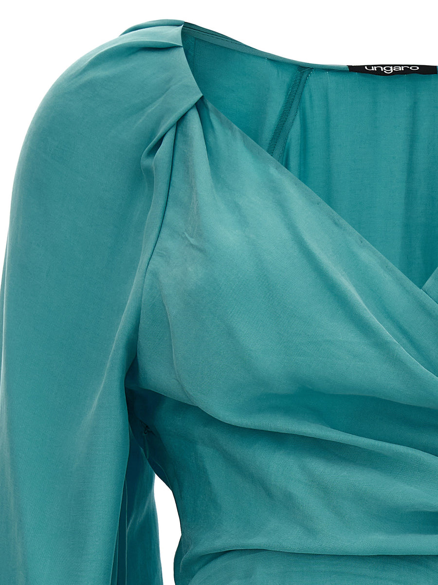 Ungaro Dominique Dress For Women Breathable Light Blue Lyocell Tencel Draped V Neck Side Knot