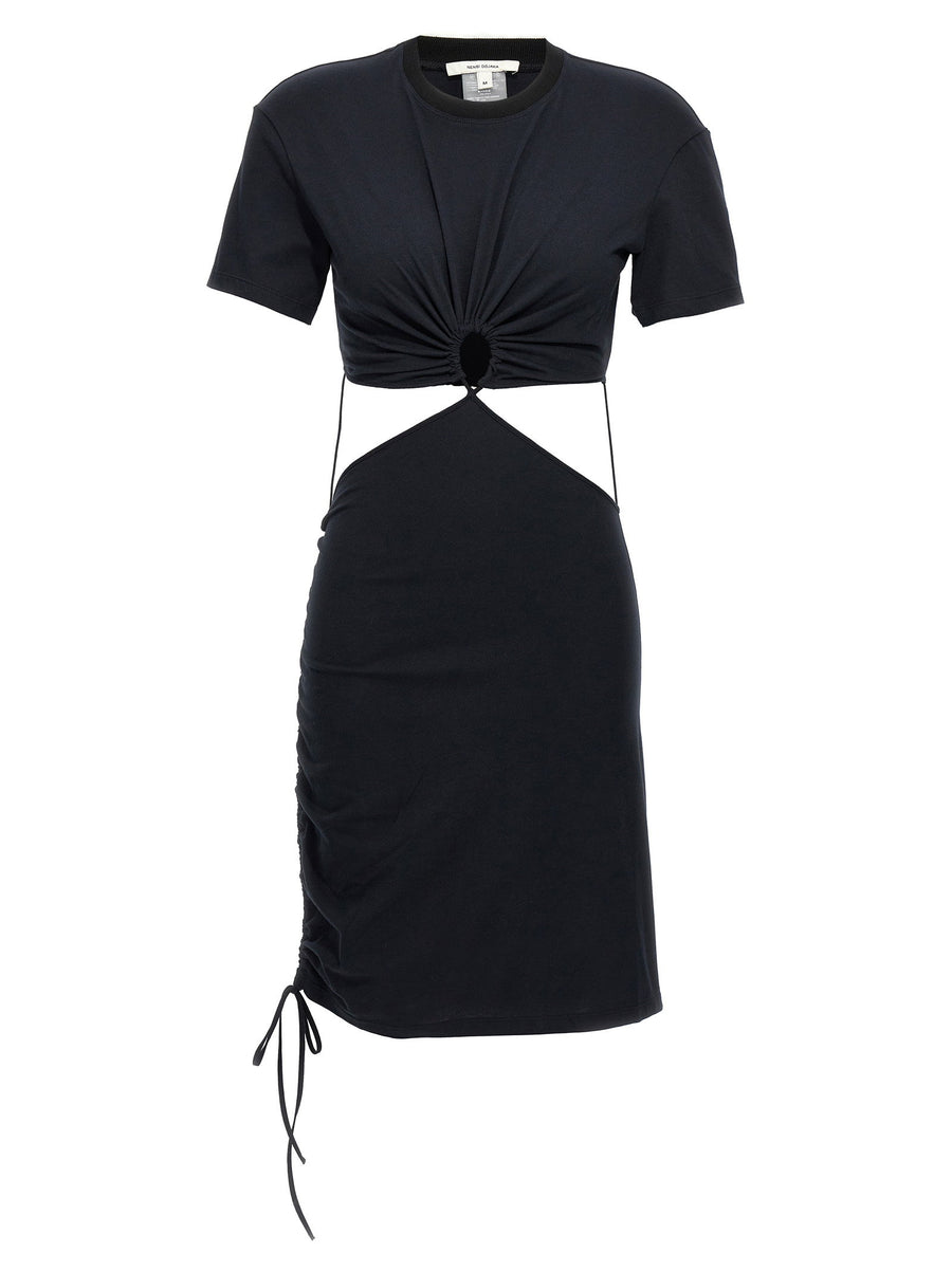 Nensi Dojaka Black Cotton Cutout T Shirt Dress Drawstring Hem Front Back Detail Designer For Women