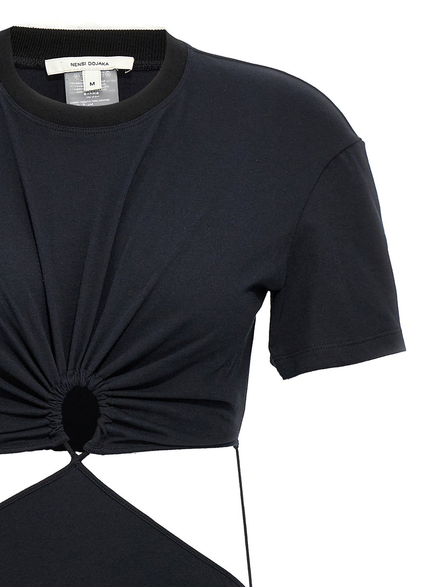 Nensi Dojaka Black Cotton Cutout T Shirt Dress Drawstring Hem Front Back Detail Designer For Women