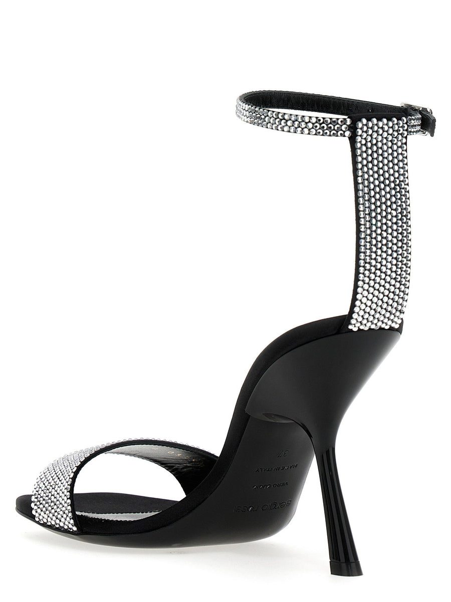 Sergio Rossi Evangelie Sandals Black Patent Luxurious Leather With Satin Accents Sequined Applique 10 Cm Heel For Women