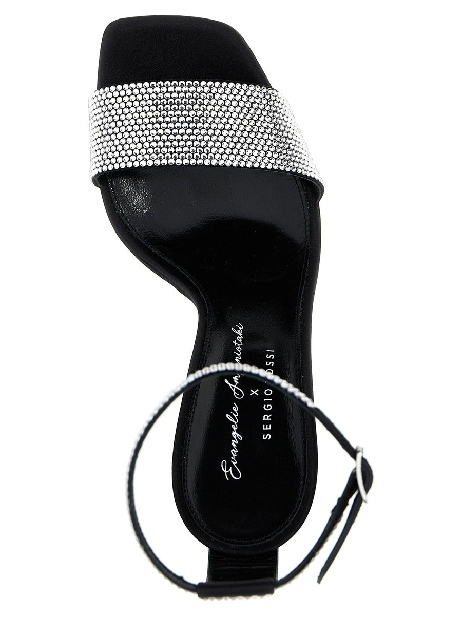 Sergio Rossi Evangelie Sandals Black Patent Luxurious Leather With Satin Accents Sequined Applique 10 Cm Heel For Women