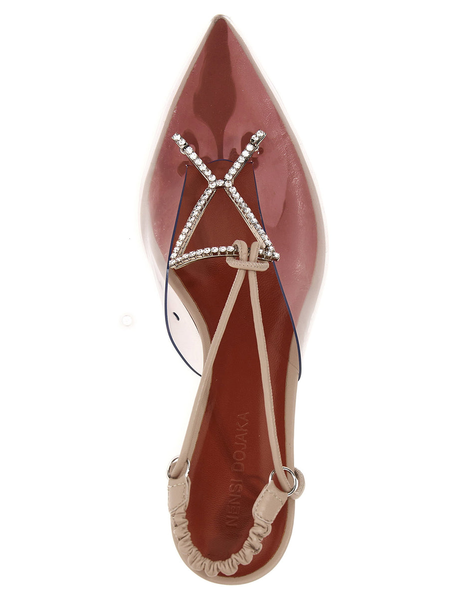 Nensi Dojaka Crystal PVC Slingback Pumps Beige Leather Trim For Women Sculpted Heel Evening Statement