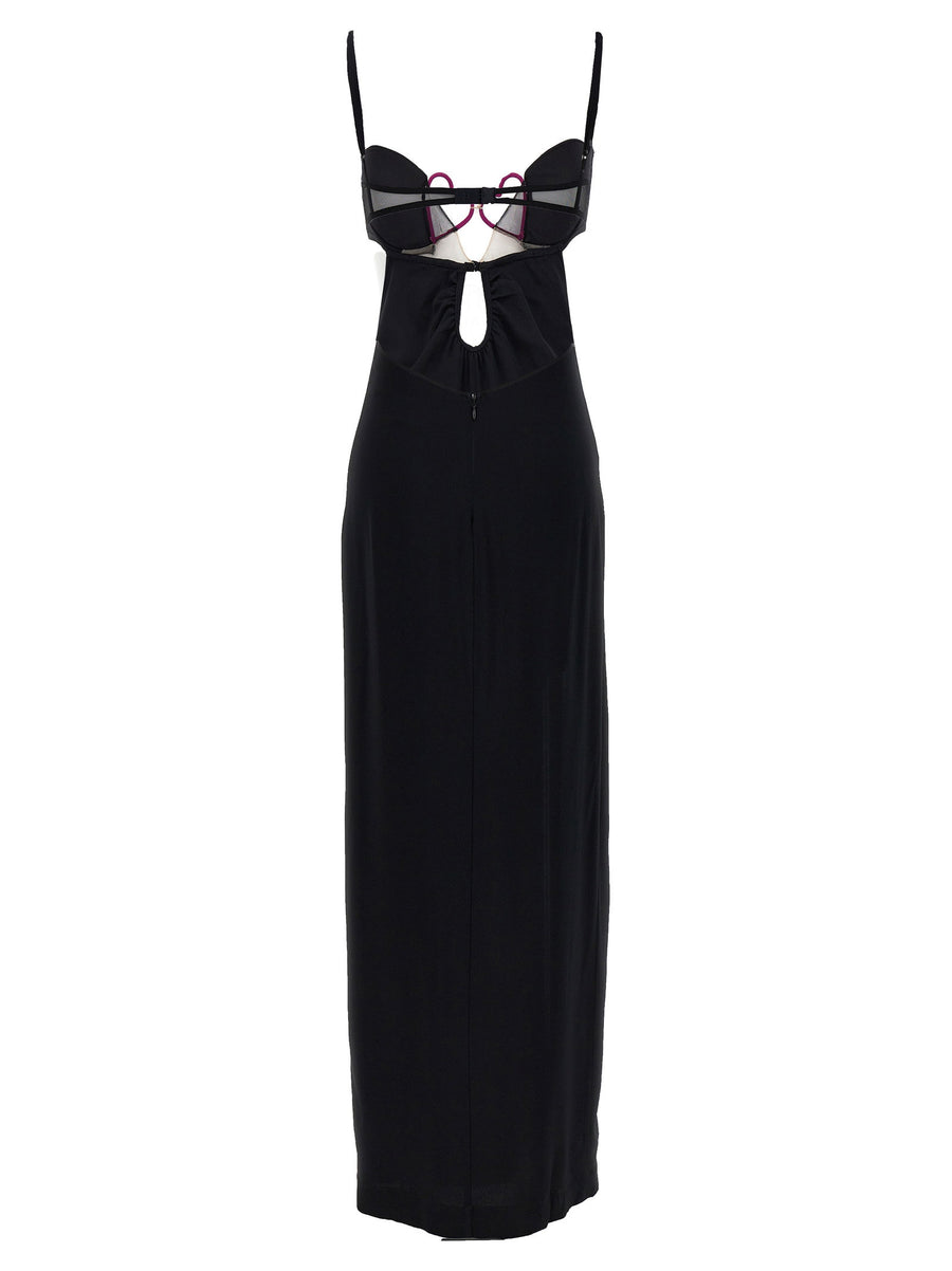 Nensi Dojaka Heart Bra Long Dress for Women Bold Cutouts Black Viscose Evening Gown Couture