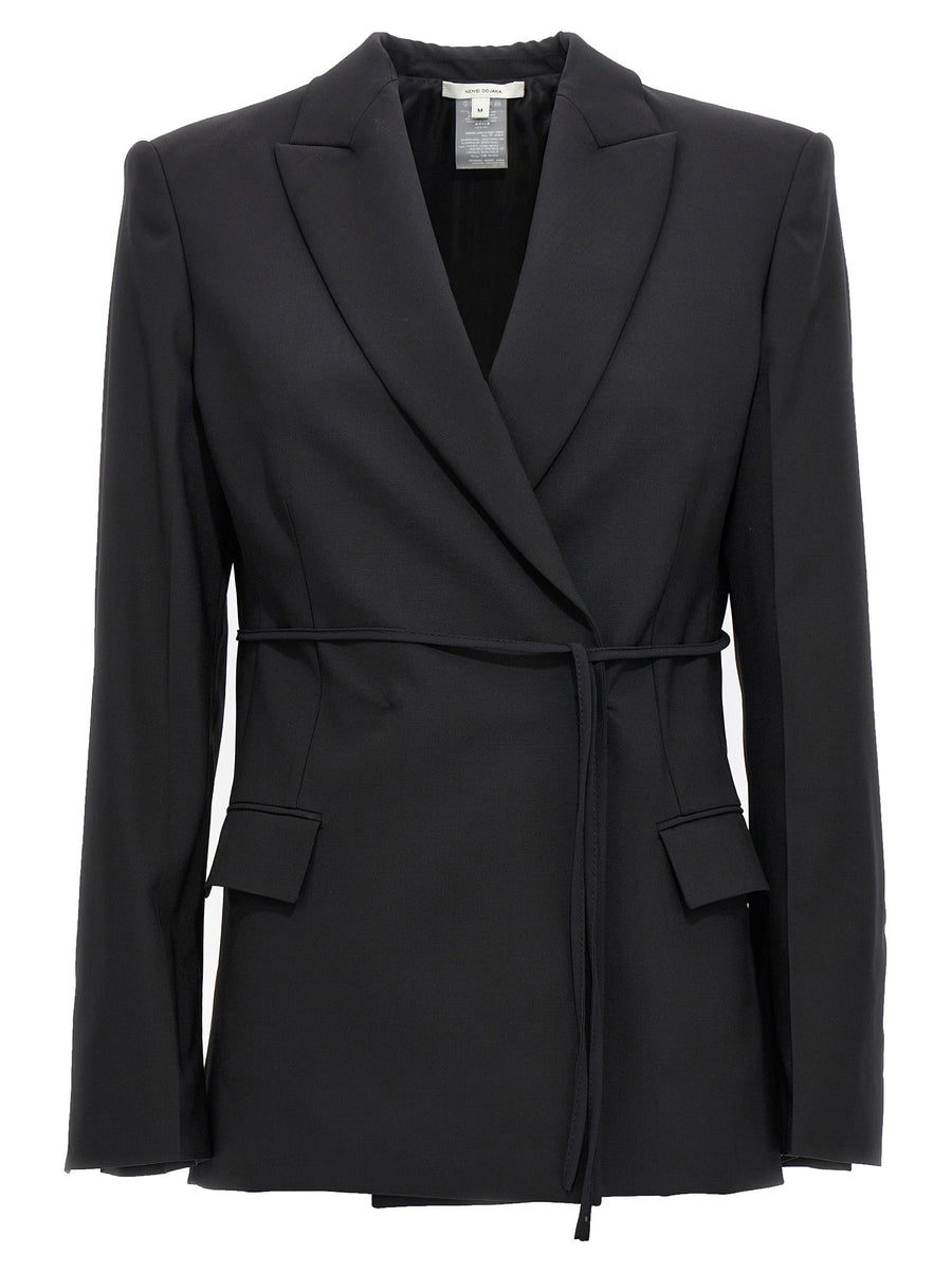 Nensi Dojaka Double Breasted Wool Blazer With Drawstring Waist For Women Polished Office Ready