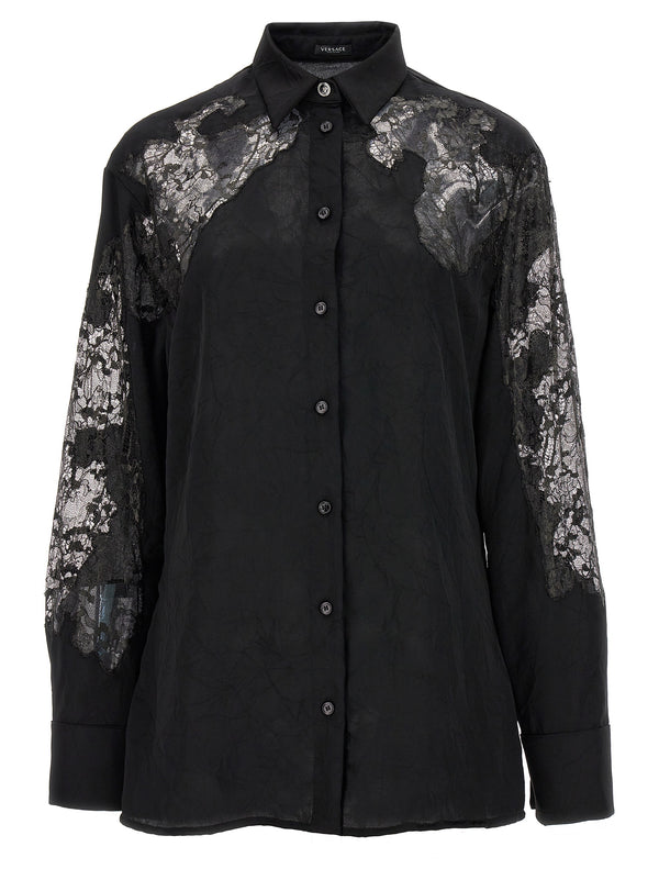 Versace Satin Lace Shirt For Women Luxurious Recycled Satin With Delicate Lace Inserts Black