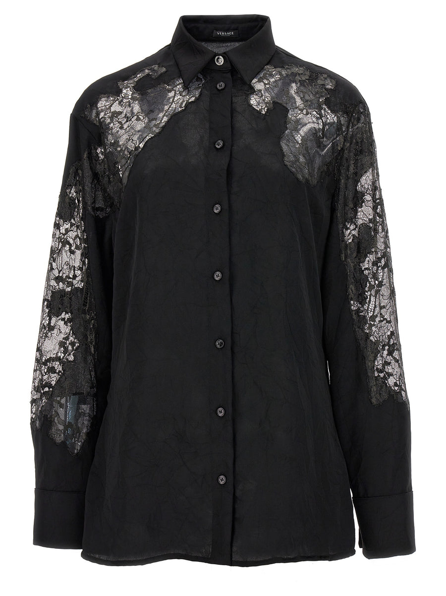 Versace Satin Lace Shirt For Women Luxurious Recycled Satin With Delicate Lace Inserts Black