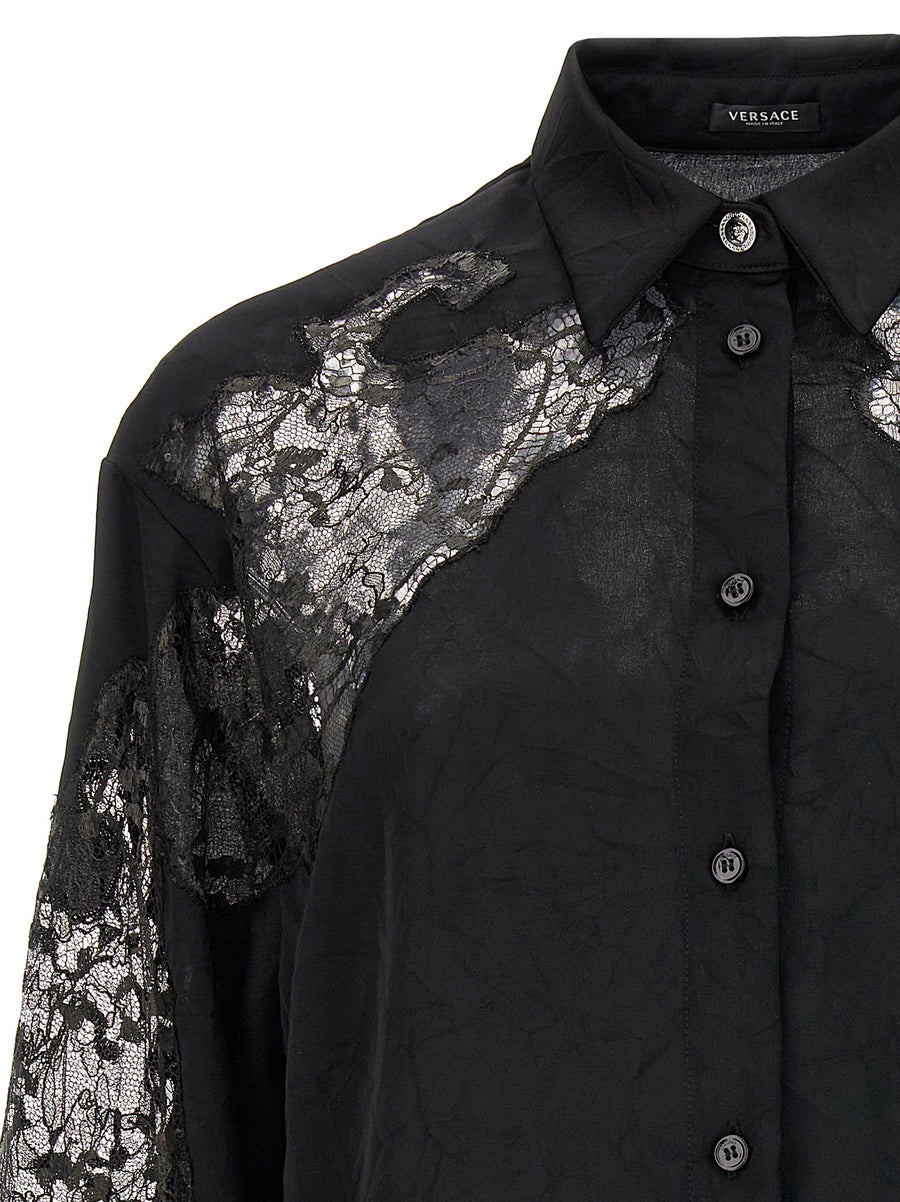 Versace Satin Lace Shirt For Women Luxurious Recycled Satin With Delicate Lace Inserts Black