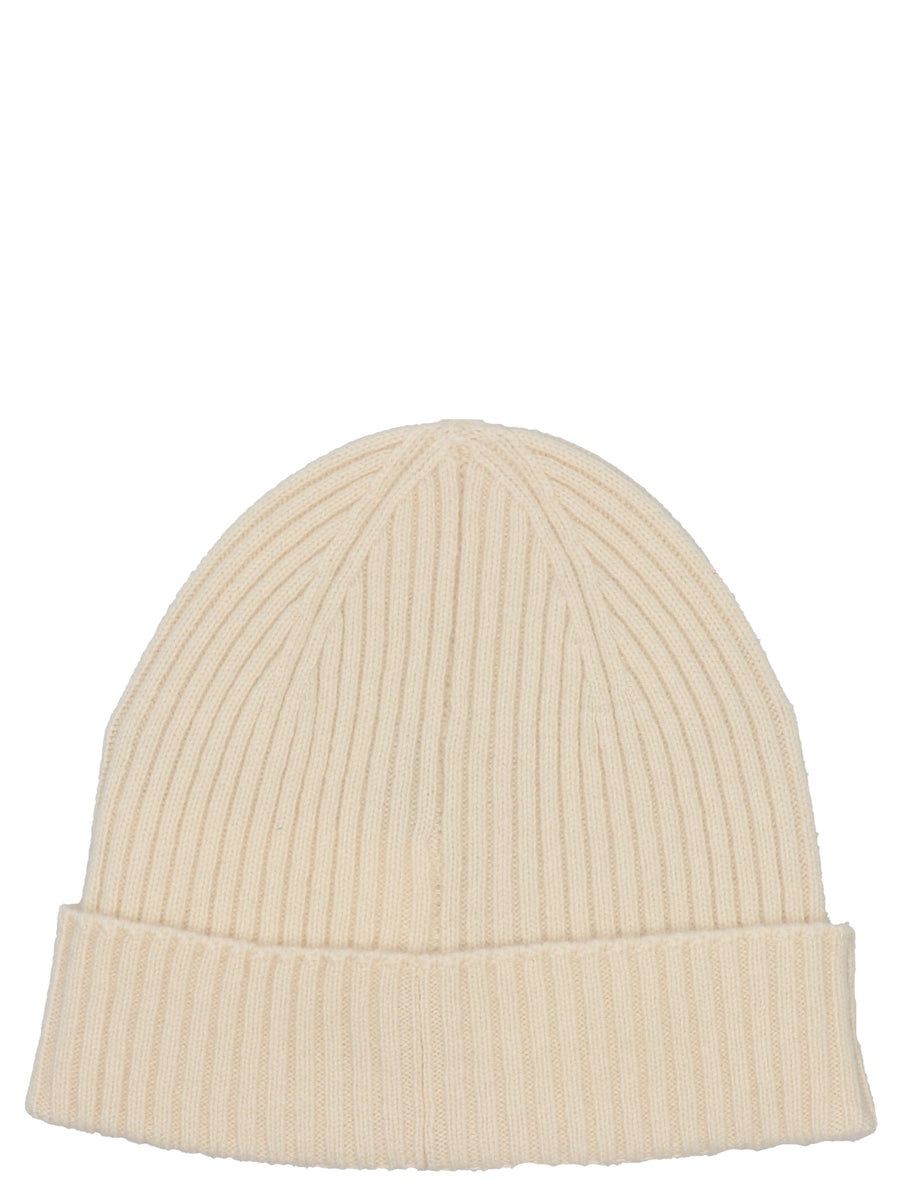 Brioni Premium Cashmere Beanie For Men In White With Fisherman Rib Texture And Leather Patch