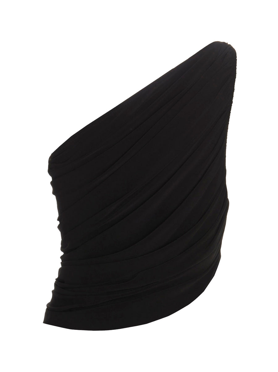 Norma Kamali Diana Top One Shoulder Cropped Draped Architectural Silhouette Black For Women Luxury