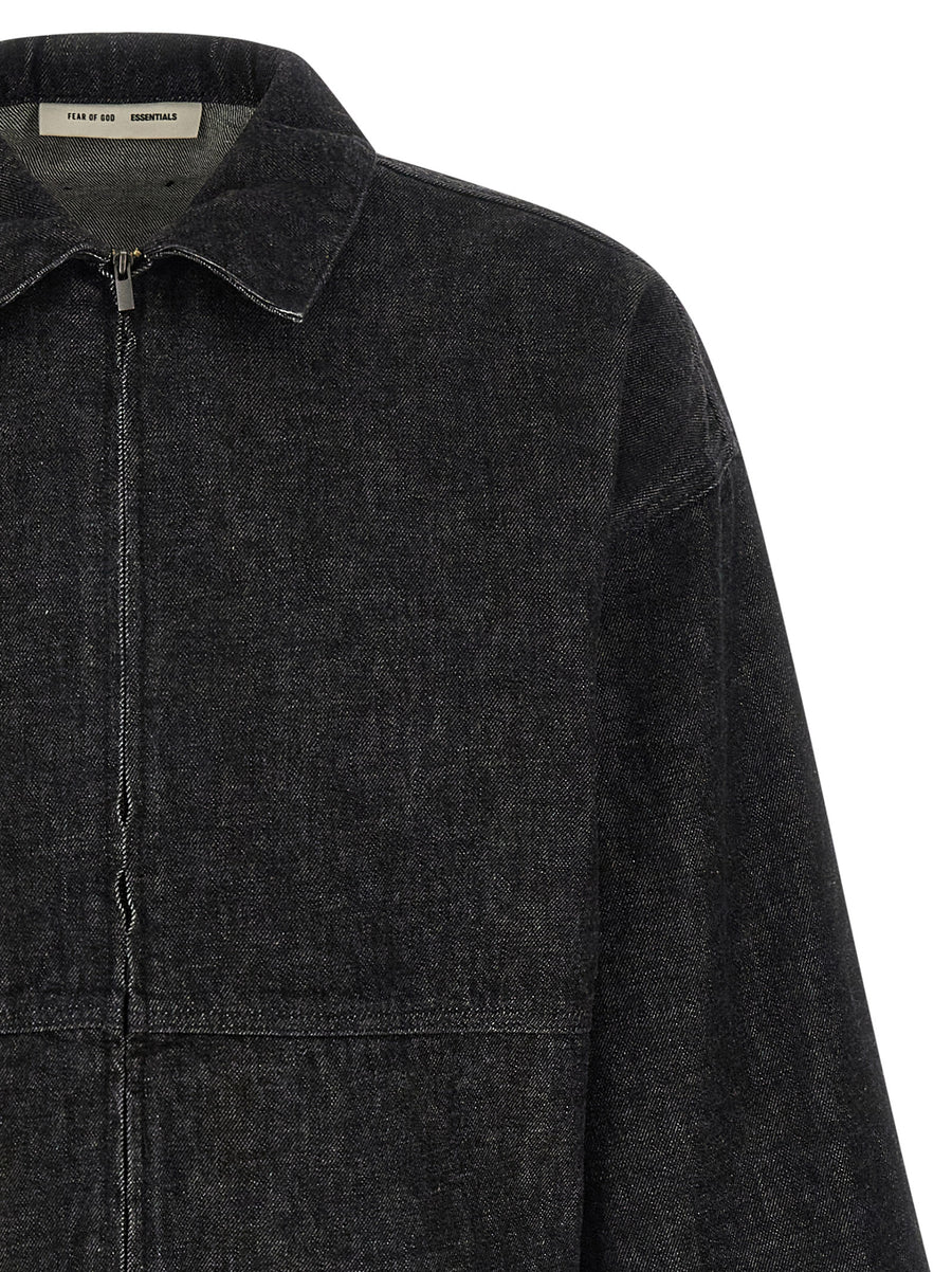 Fear Of God Essential Denim Work Jacket Black 100 Percent Cotton Relaxed Fit For Men Front Zip