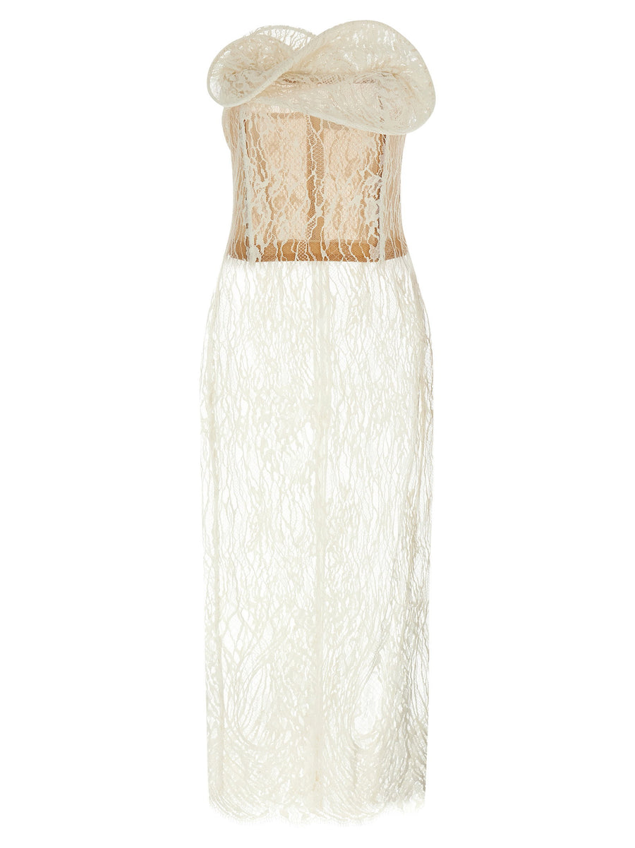 Magda Butrym 16 Midi Dress White Lace Mesh Corset Off Shoulder Floral Hem