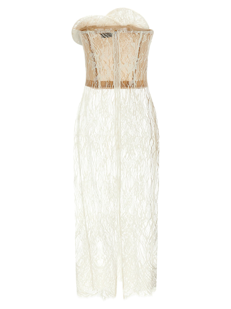 Magda Butrym 16 Midi Dress White Lace Mesh Corset Off Shoulder Floral Hem
