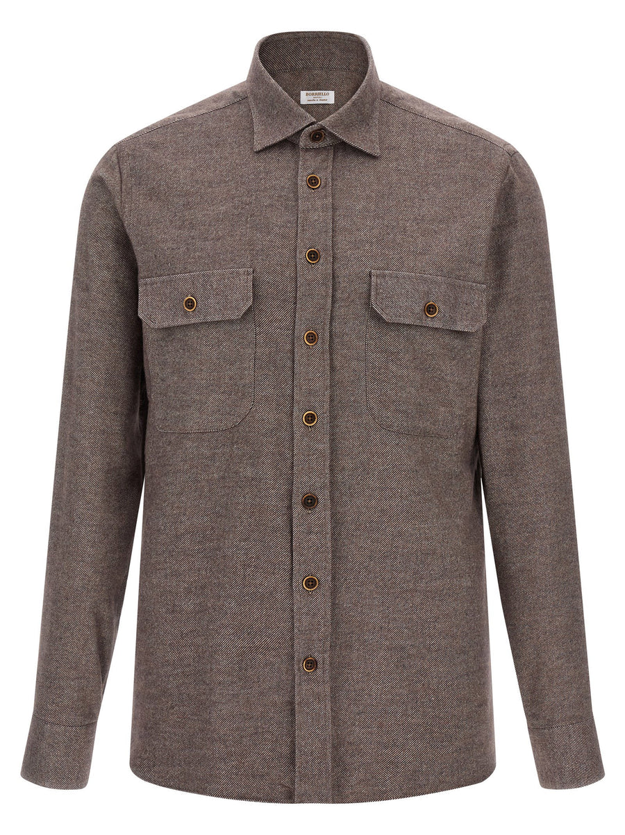 Borriello Flannel Shirt For Men Warm Brown 100 Percent Cotton With Pockets Front Button Closure