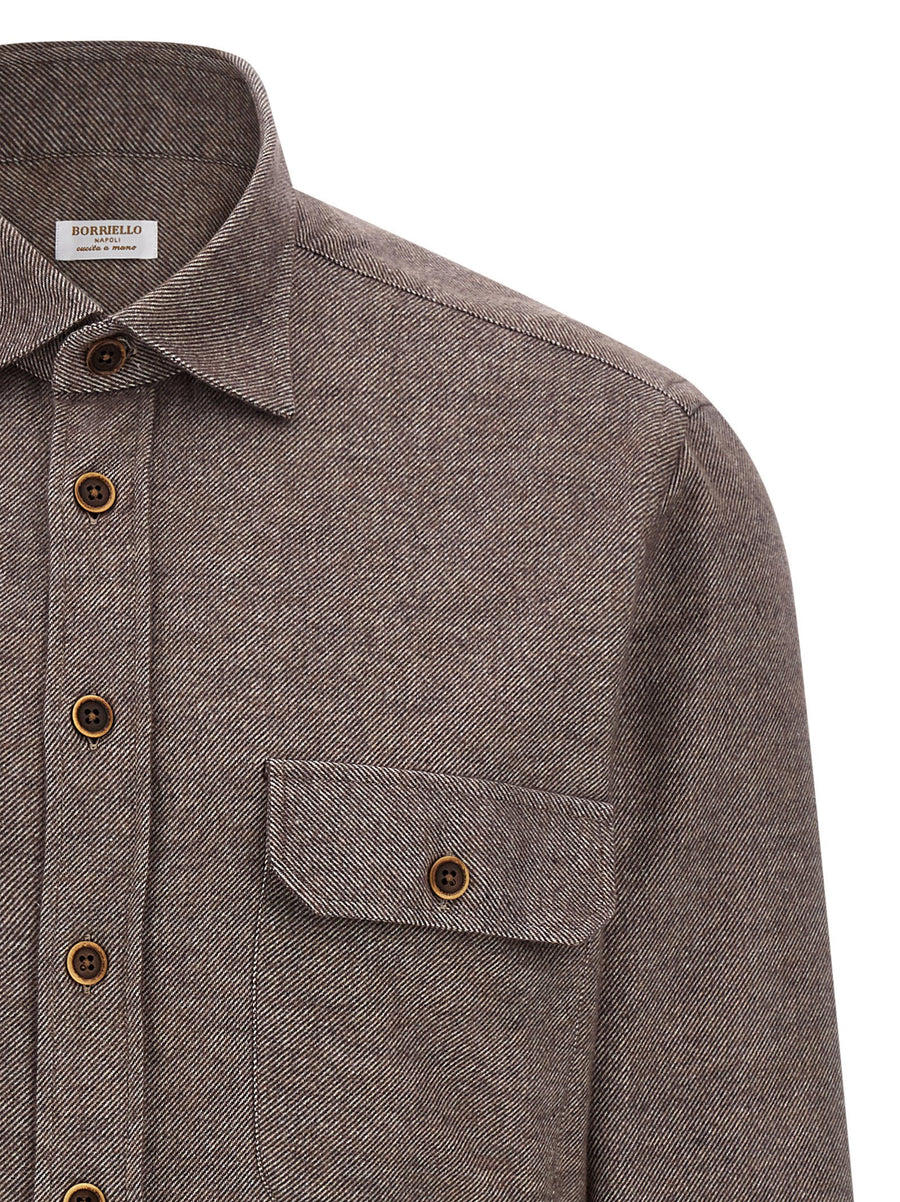 Borriello Flannel Shirt For Men Warm Brown 100 Percent Cotton With Pockets Front Button Closure