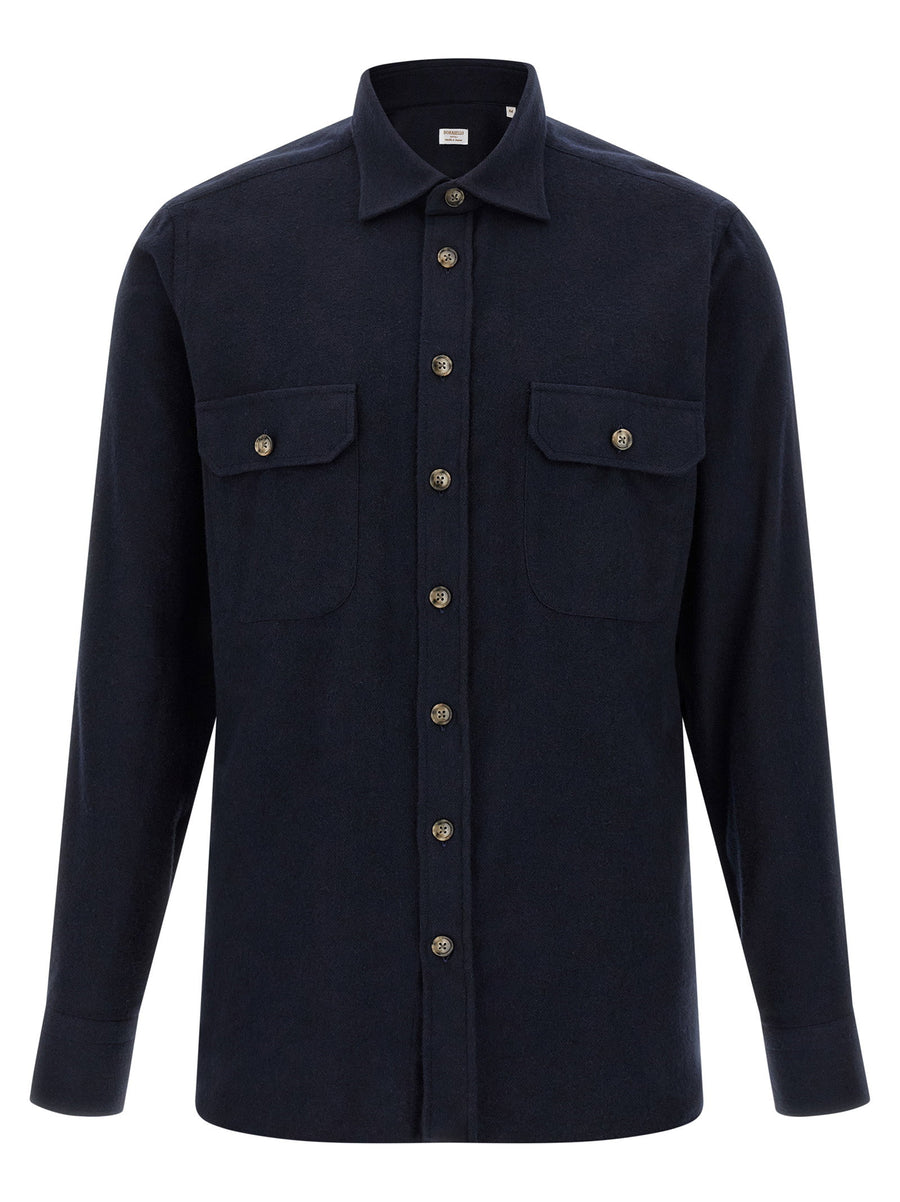 Borriello Blue Cotton Flannel Shirt For Men Button Front Long Sleeve