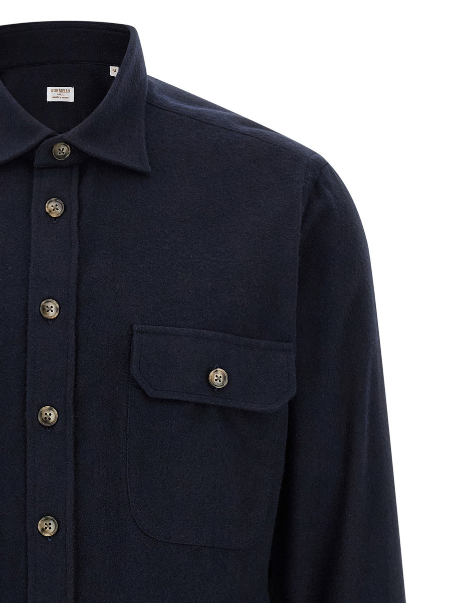 Borriello Blue Cotton Flannel Shirt For Men Button Front Long Sleeve