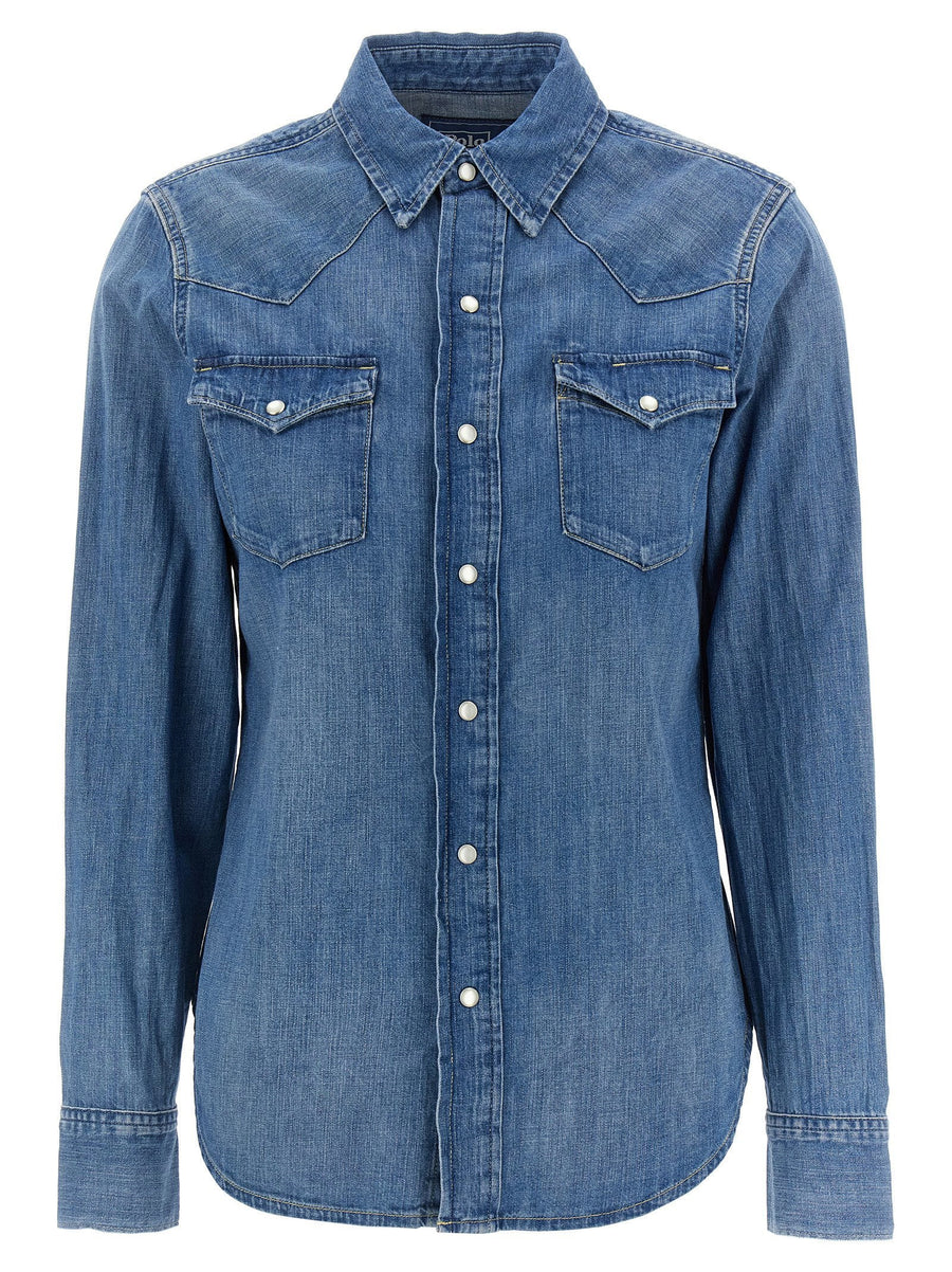 Polo Ralph Lauren Denim Shirt Women Blue 100 Percent Cotton With Snap Front Closure