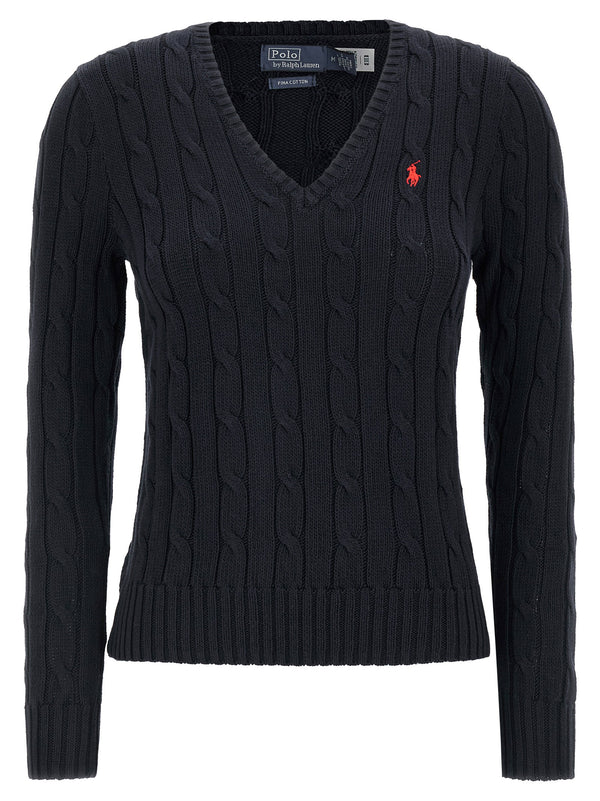 Polo Ralph Lauren Kimberly Blue Cable Pattern Pima Cotton Sweater V Neck