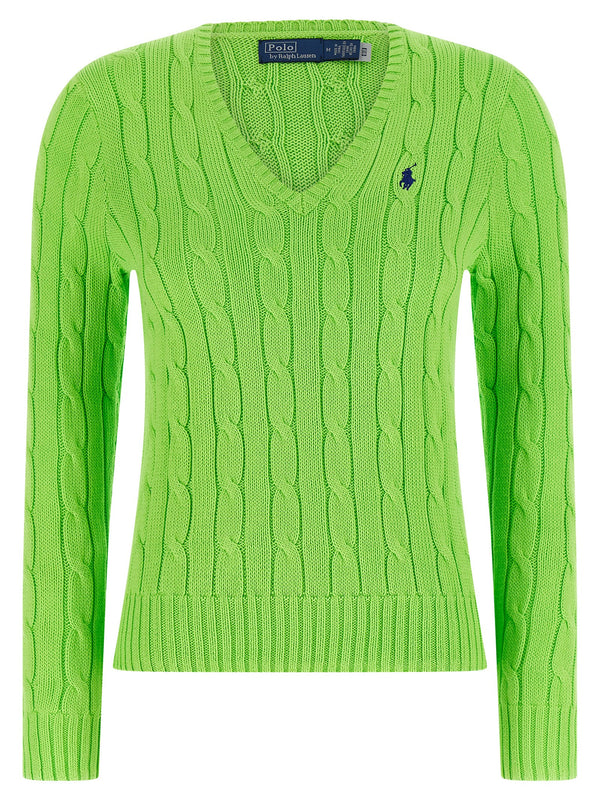 Luxurious Polo Ralph Lauren Kimberly Cotton Sweater For Women Green VNeck Front Logo Embroidery Hundred Percent Cotton