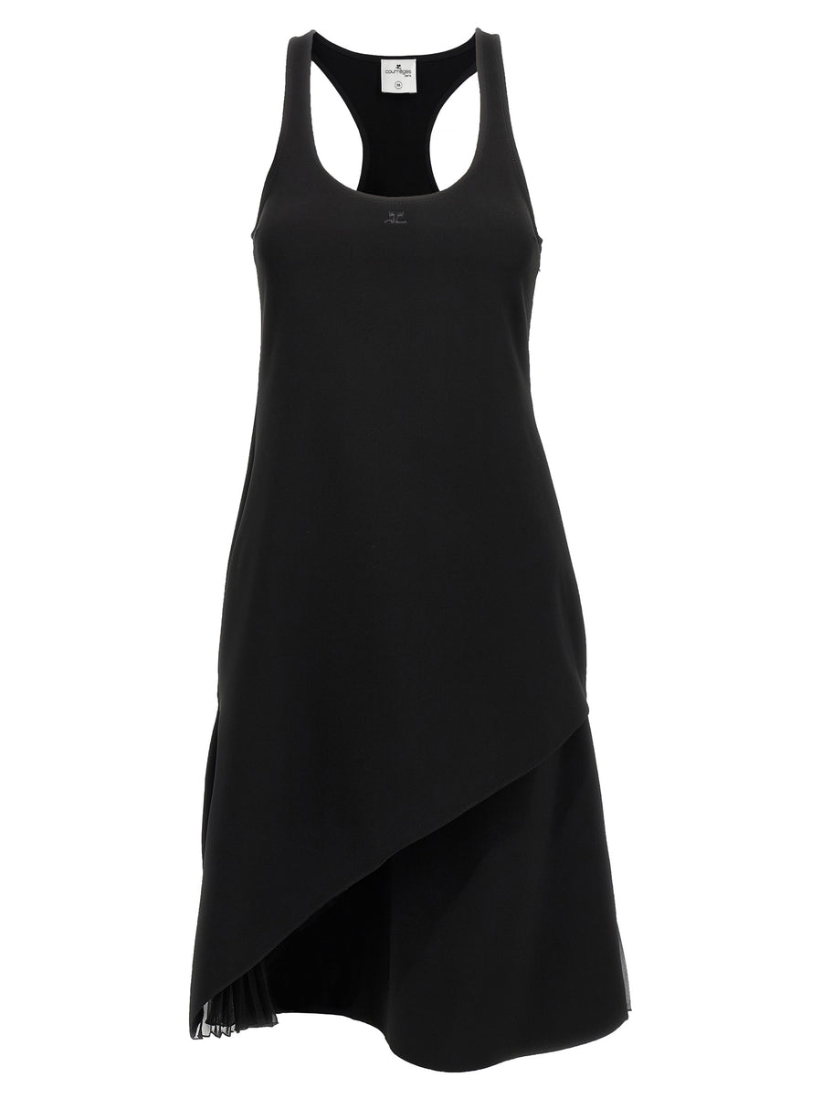 Courreges Infinity Pleats A Line Dress For Women Black Crepe Midi With Architectural Pleats And Embroidered Logo