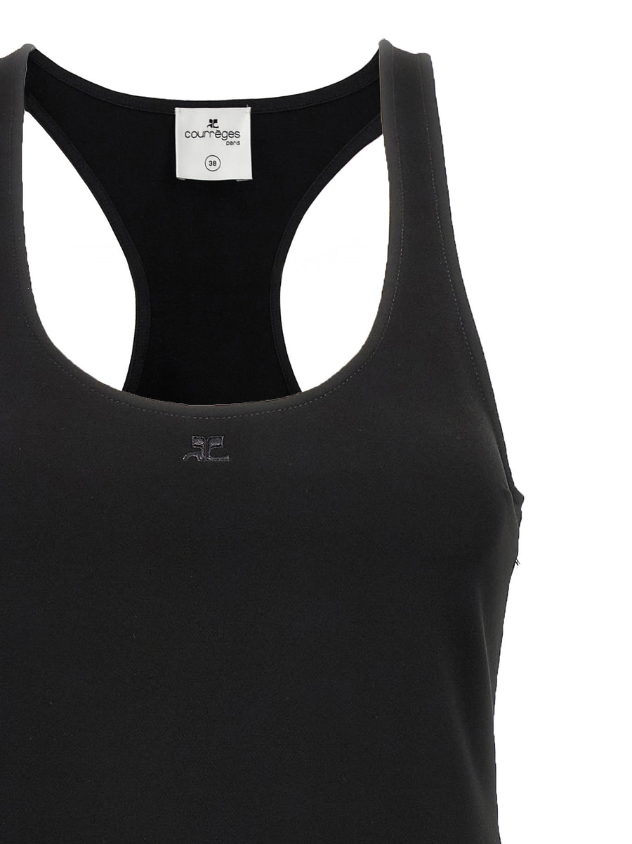 Courreges Infinity Pleats A Line Dress For Women Black Crepe Midi With Architectural Pleats And Embroidered Logo