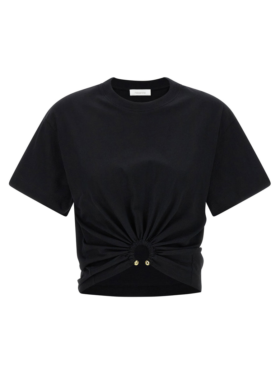 Paco Rabanne Piercing T Shirt Black 100 Percent Cotton Crop Top Asymmetrical Hem