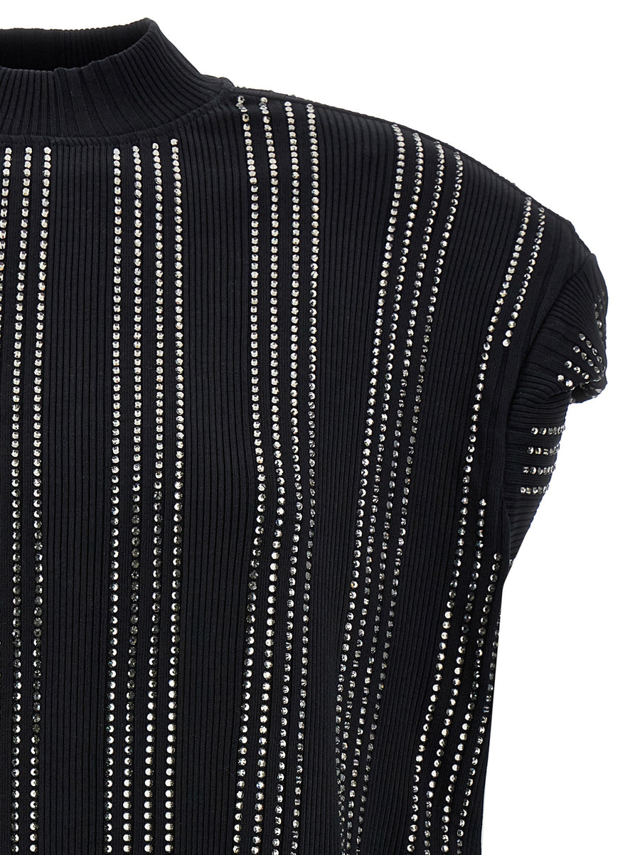 The Attico Laurie Dress Sculptural Black Cotton Jersey With Thermorhinestone Appliqué Padded Shoulders For Women
