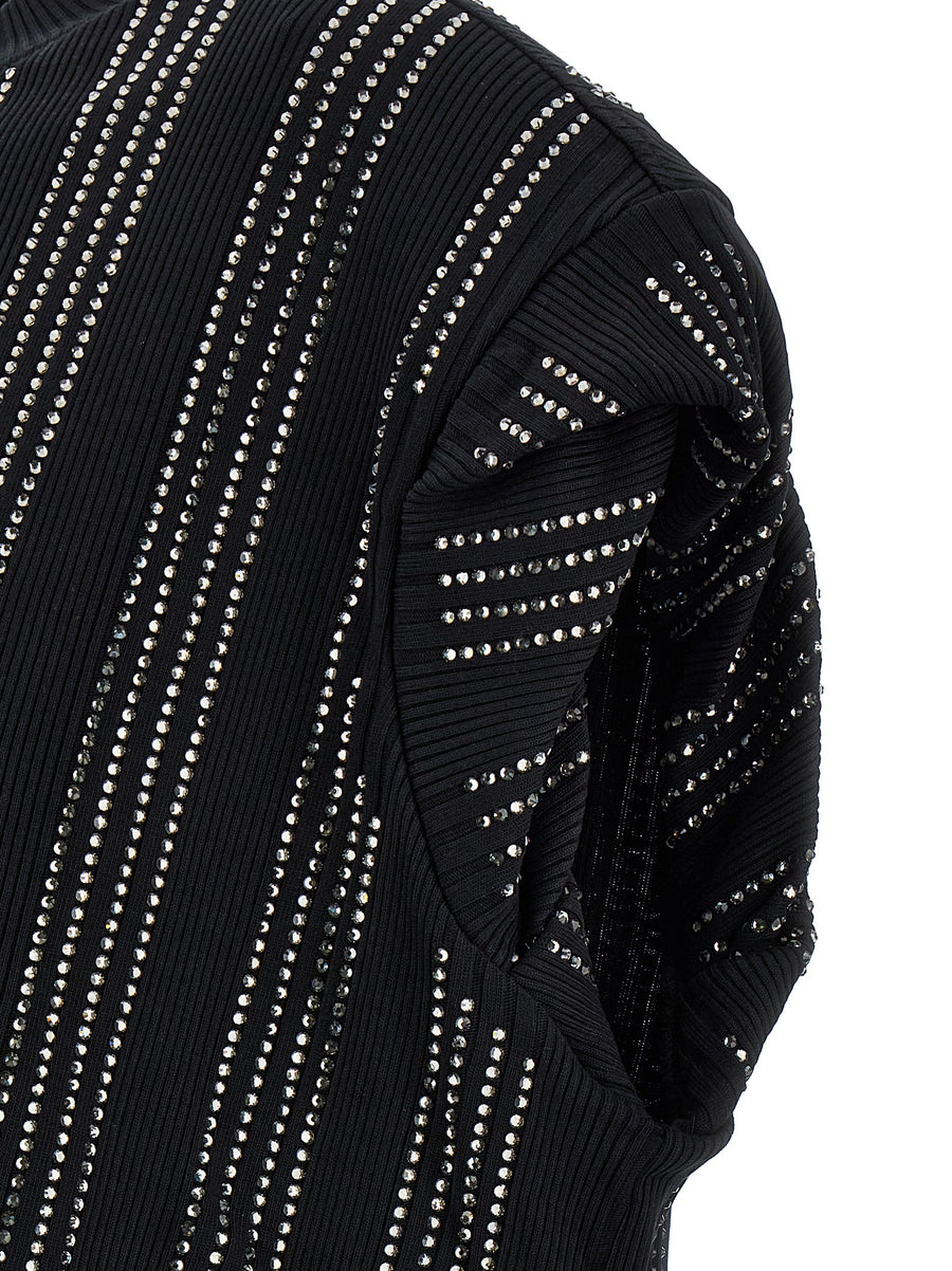 The Attico Laurie Dress Sculptural Black Cotton Jersey With Thermorhinestone Appliqué Padded Shoulders For Women