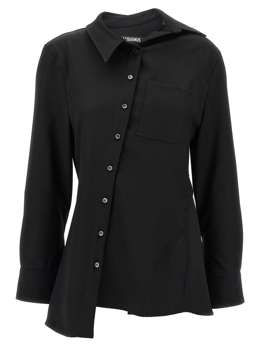 Jacquemus La Chemise Pablo Shirt For Women Black Virgin Wool With Asymmetric Button Closure