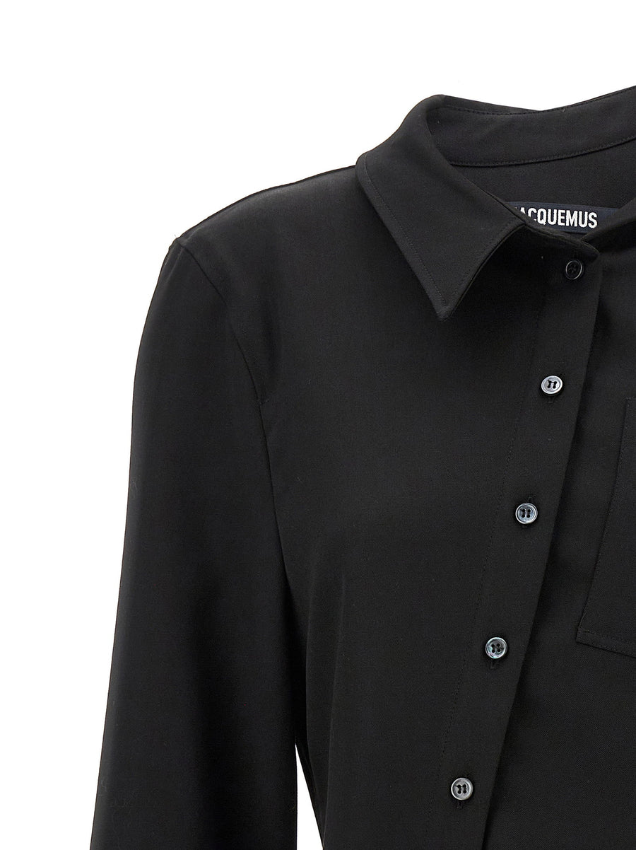 Jacquemus La Chemise Pablo Shirt For Women Black Virgin Wool With Asymmetric Button Closure