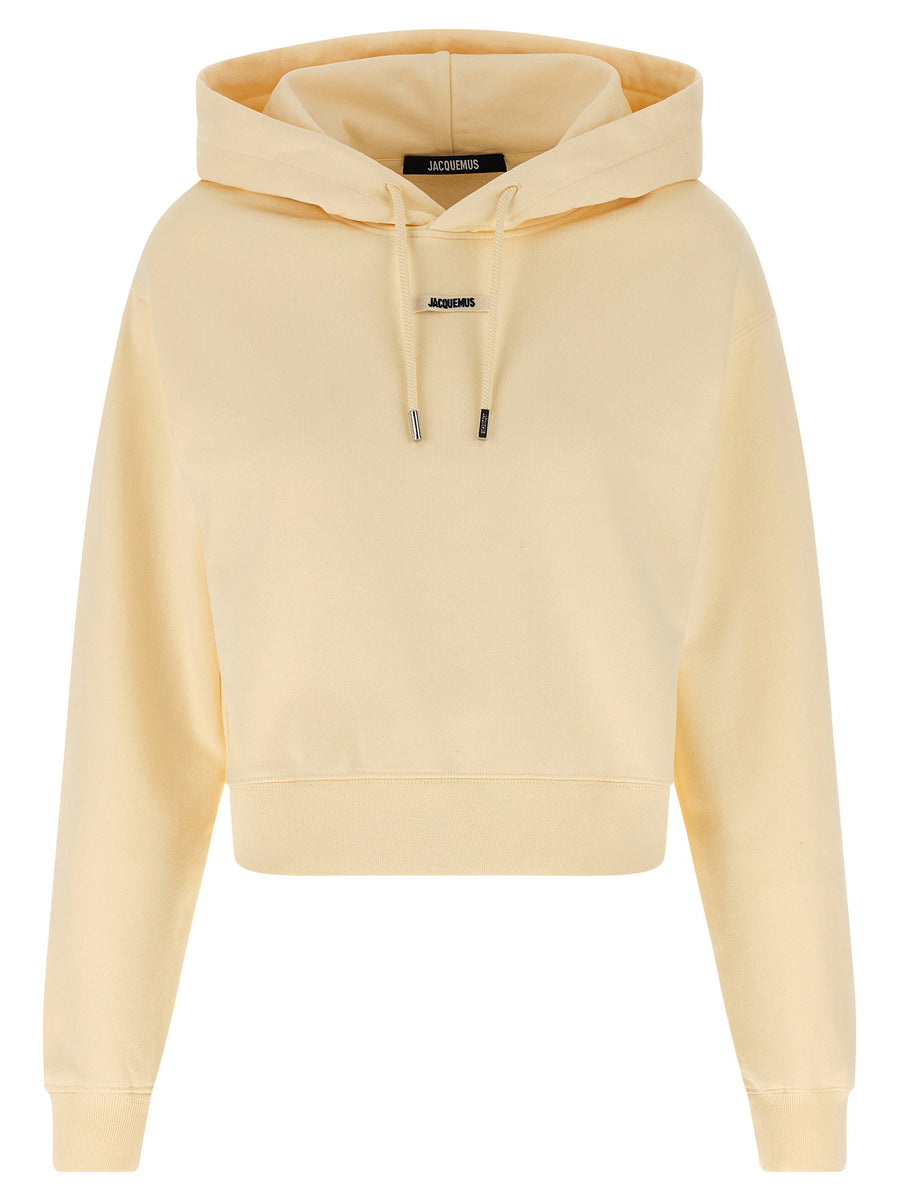 Jacquemus Cropped Grosgrain Hoodie For Women, Luxury 100 Percent Cotton Fleece Top With Dropped Shoulders