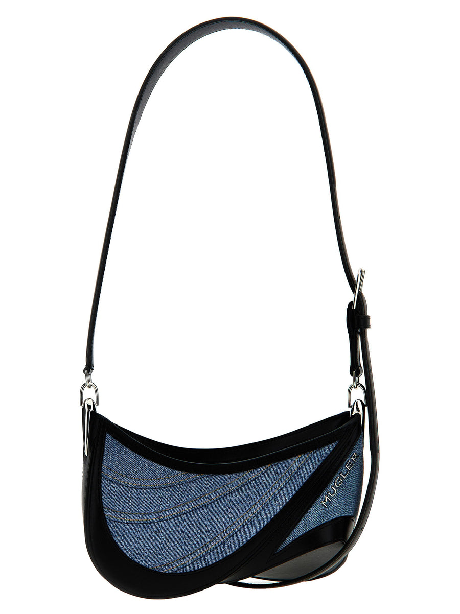 Mugler Denim Spiral Curve 01 Shoulder Bag For Women Sculptural Denim Detail Multicolor Calfskin Leather Zip Closure