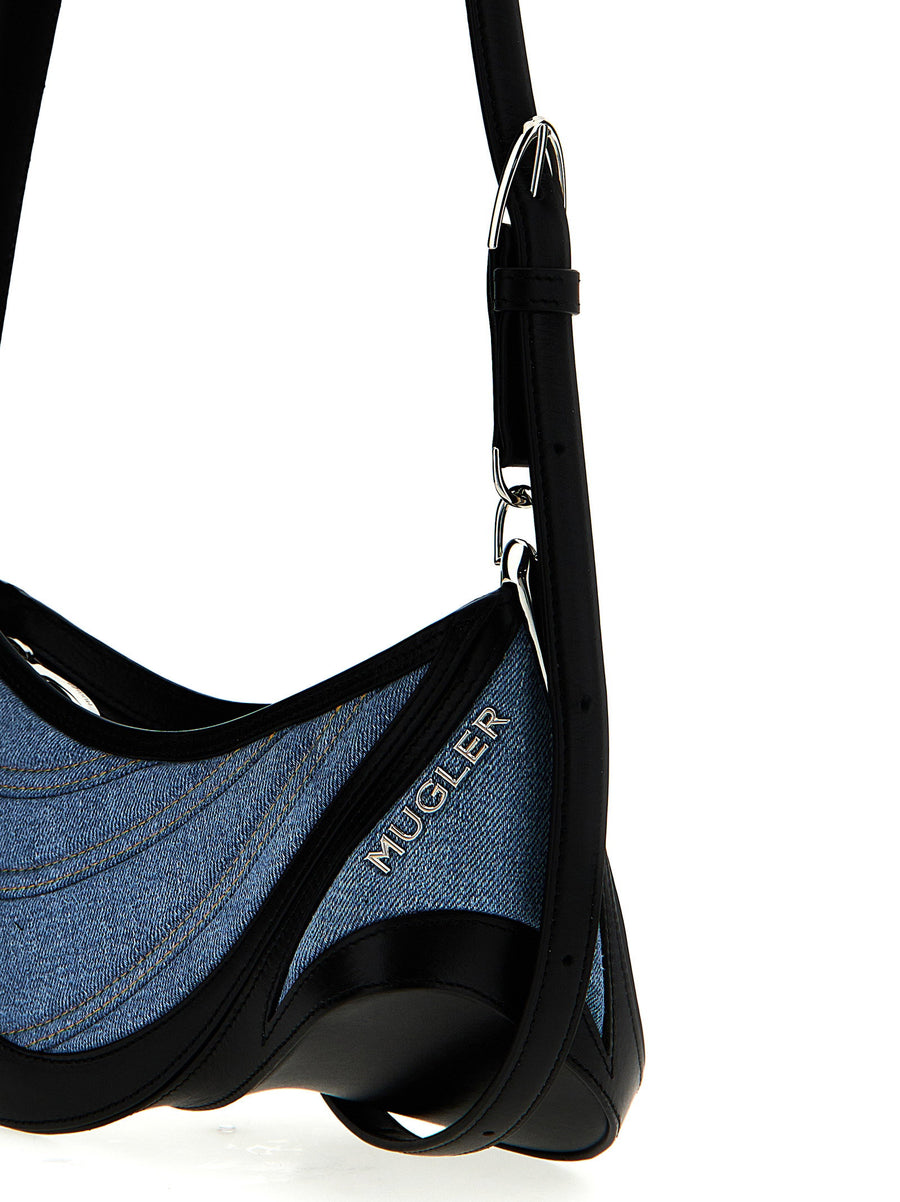 Mugler Denim Spiral Curve 01 Shoulder Bag For Women Sculptural Denim Detail Multicolor Calfskin Leather Zip Closure