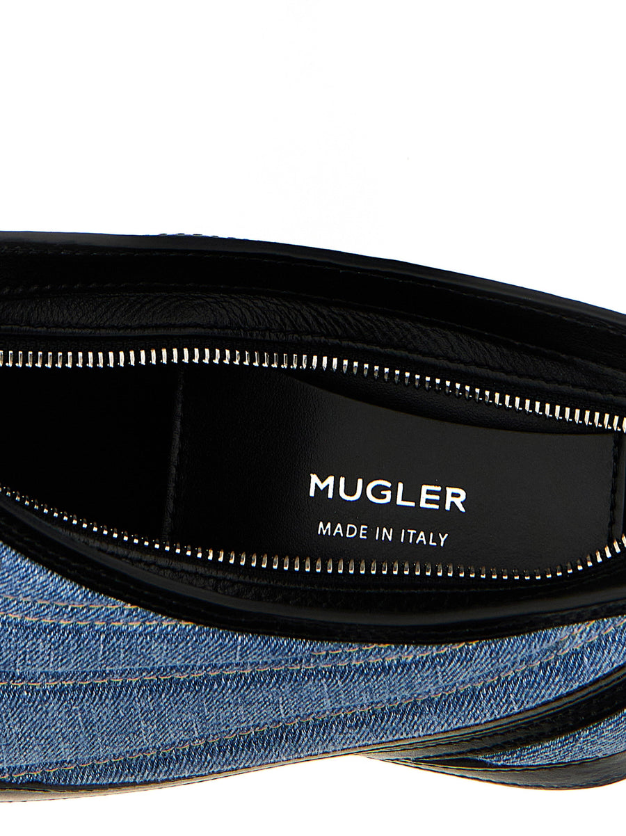 Mugler Denim Spiral Curve 01 Shoulder Bag For Women Sculptural Denim Detail Multicolor Calfskin Leather Zip Closure