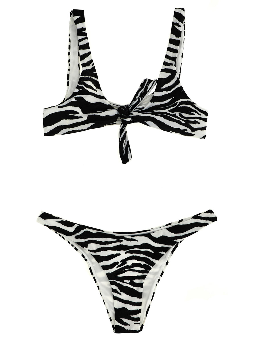 The Attico Estate Meravigliosa Bikini White Black Animalier Print Triangle Top Front Knot High Cut Bottoms For Women